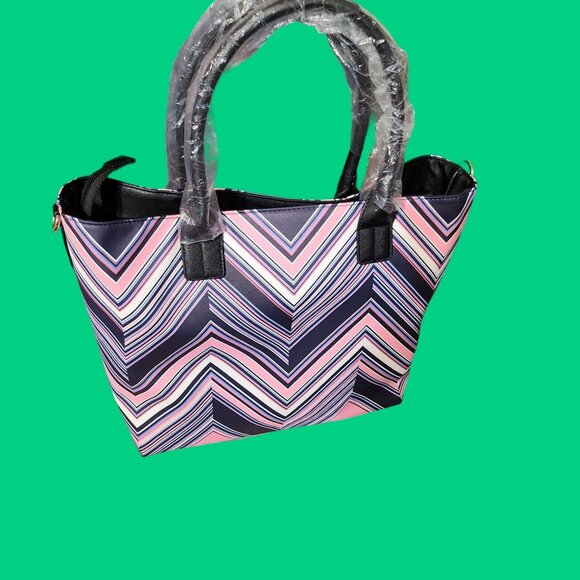 NWT Trina Turk Tote Colorful Designer Chic Style Chevon Stripped Detachable Stra - Picture 3 of 4